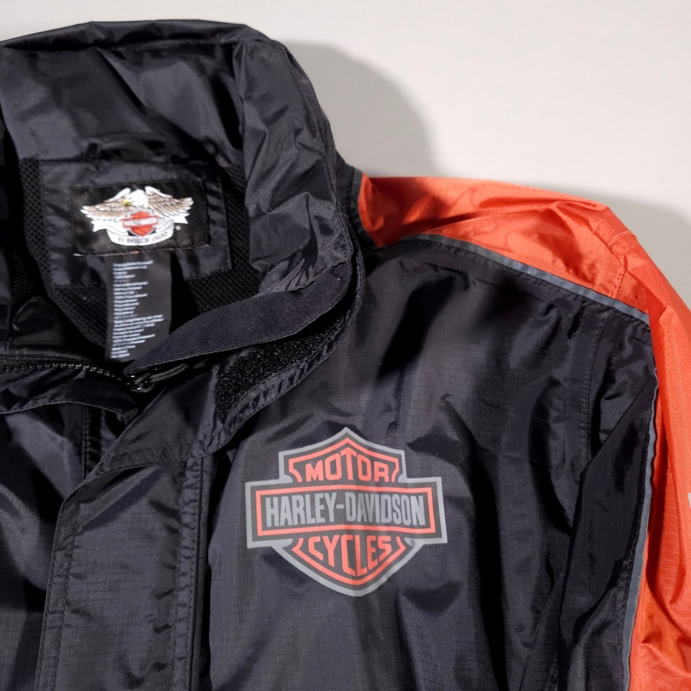 Harley Davidson Jacket Mens Medium Black Orange Windbreaker Packable Hood - Picture 3 of 11